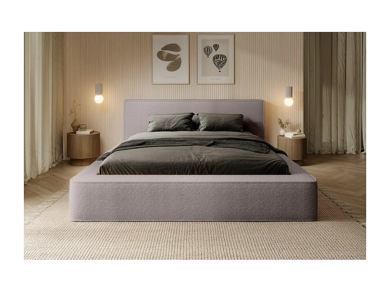 Lit coffre DENALI – Taupe rosado rizado – 140x200 cm – Tela terciopelo suave – Somier elevable – Almacenamiento integrado