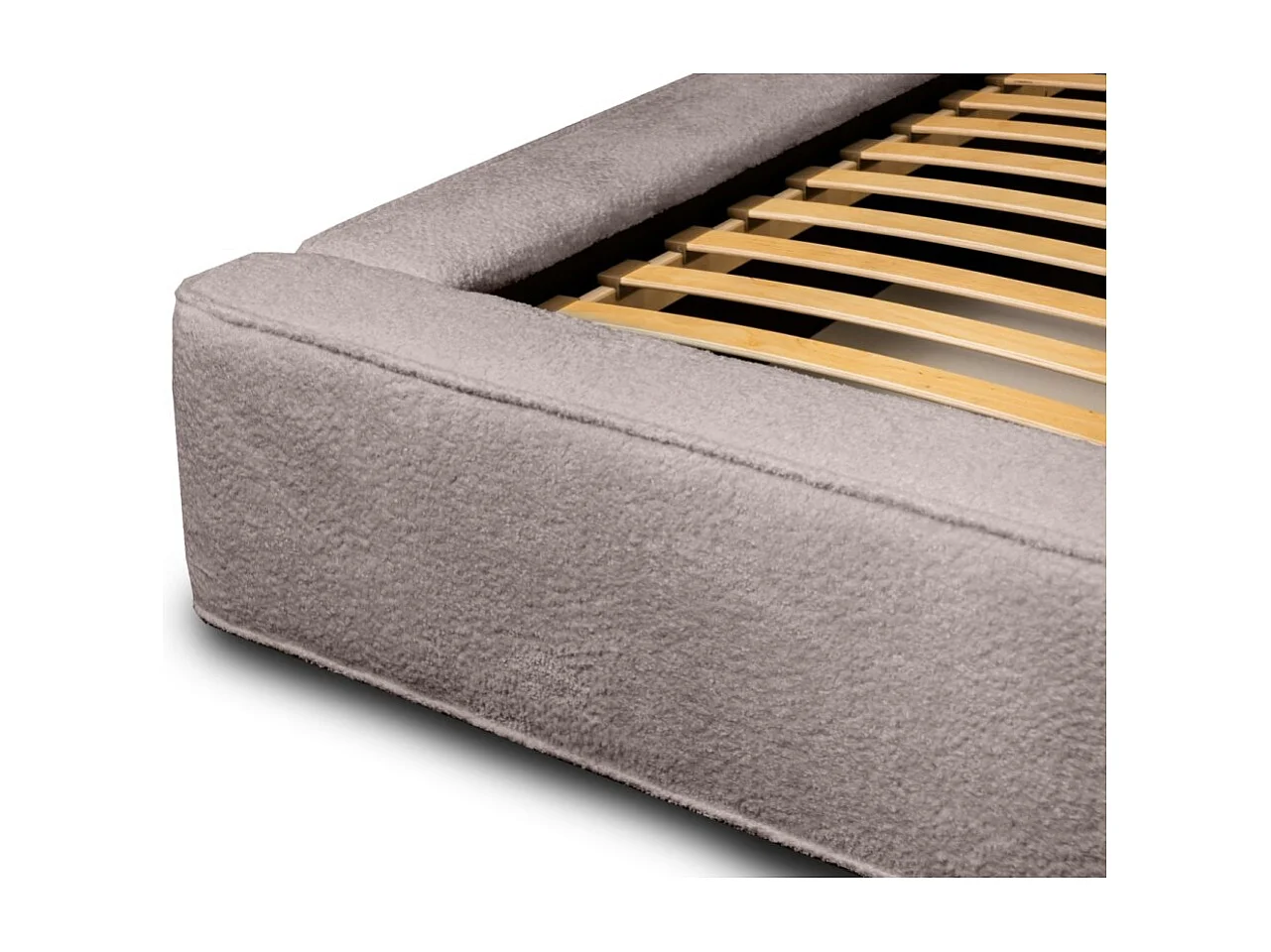 Cama com baú DENALI – Taupe rosé bouclé – 140x200 cm – Tecido de veludo macio – Estrado elevatório – Armazenamento integrado