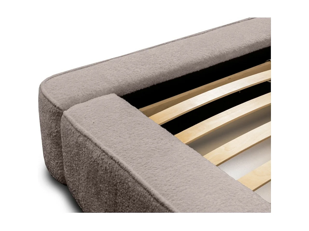 Cama com baú DENALI – Taupe rosé bouclé – 140x200 cm – Tecido de veludo macio – Estrado elevatório – Armazenamento integrado