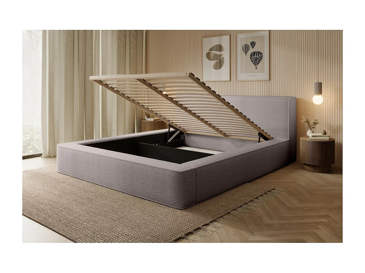 Cama com baú DENALI – Taupe rosé bouclé – 140x200 cm – Tecido de veludo macio – Estrado elevatório – Armazenamento integrado