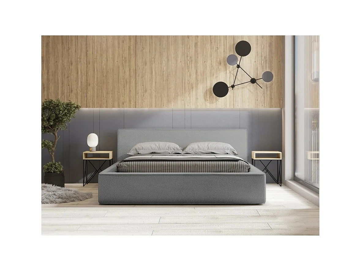 Lit coffre DENALI – Cinza areia encaracolado – 180x200 cm – Tecido de veludo macio – Estrado elevatório – Armazenamento integrado