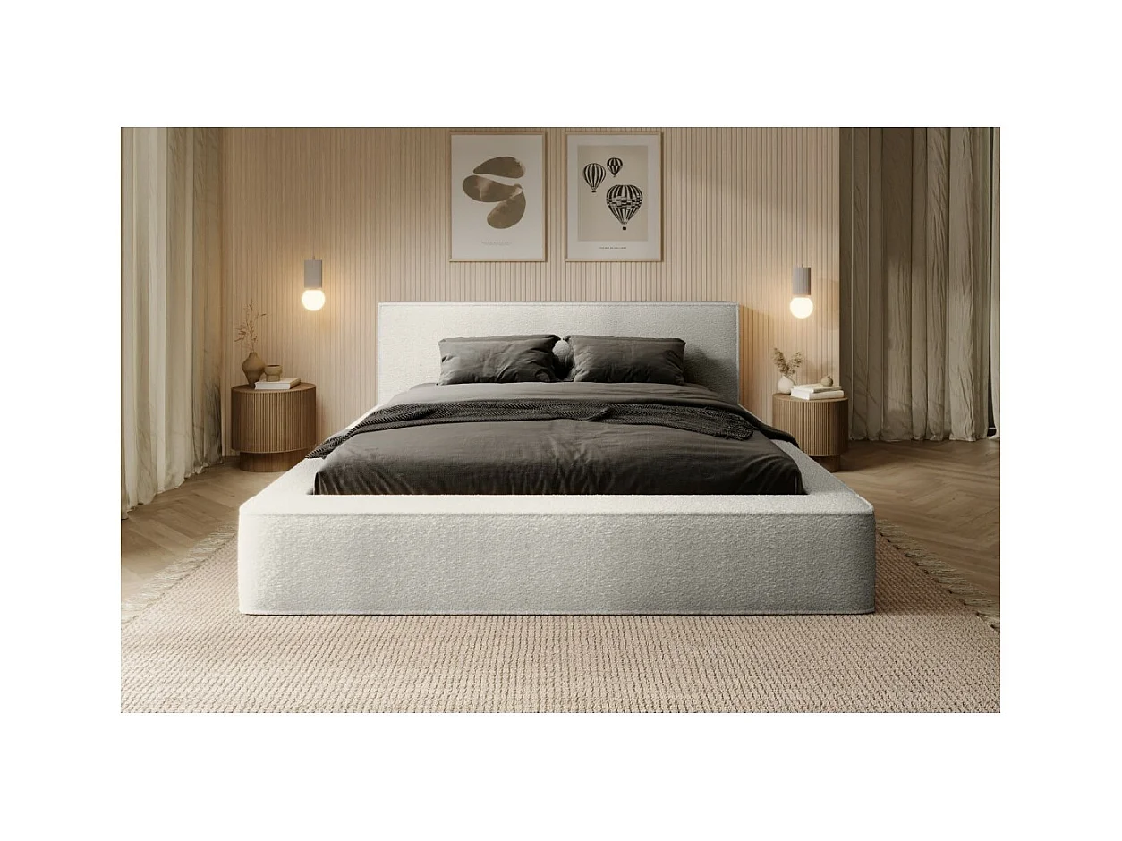 Lit coffre DENALI – Branco alpino encaracolado – 180x200 cm – Tecido de veludo macio – Estrado elevatório – Armazenamento integrado