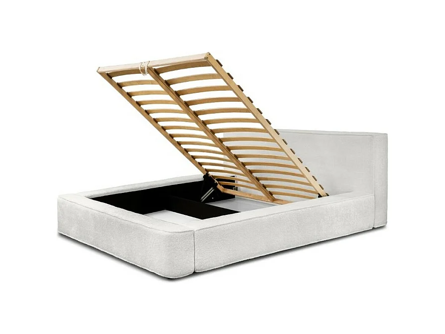 Lit coffre DENALI – Branco alpino encaracolado – 180x200 cm – Tecido de veludo macio – Estrado elevatório – Armazenamento integrado