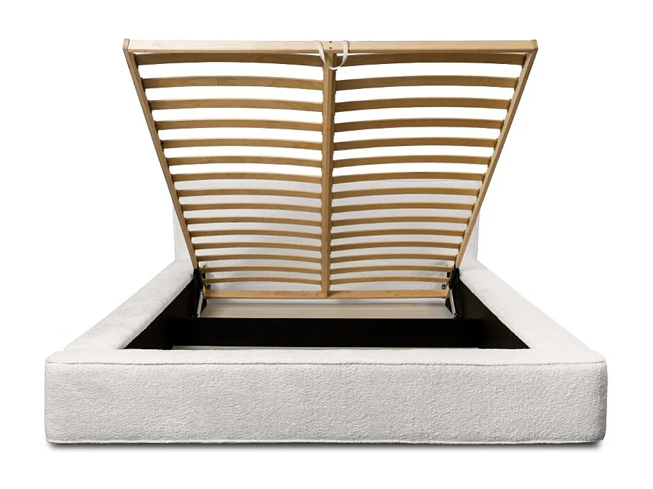 Lit coffre DENALI – Branco alpino encaracolado – 180x200 cm – Tecido de veludo macio – Estrado elevatório – Armazenamento integrado