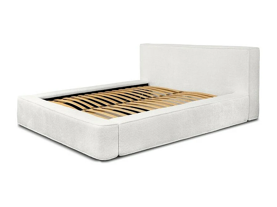 Lit coffre DENALI – Branco alpino encaracolado – 180x200 cm – Tecido de veludo macio – Estrado elevatório – Armazenamento integrado