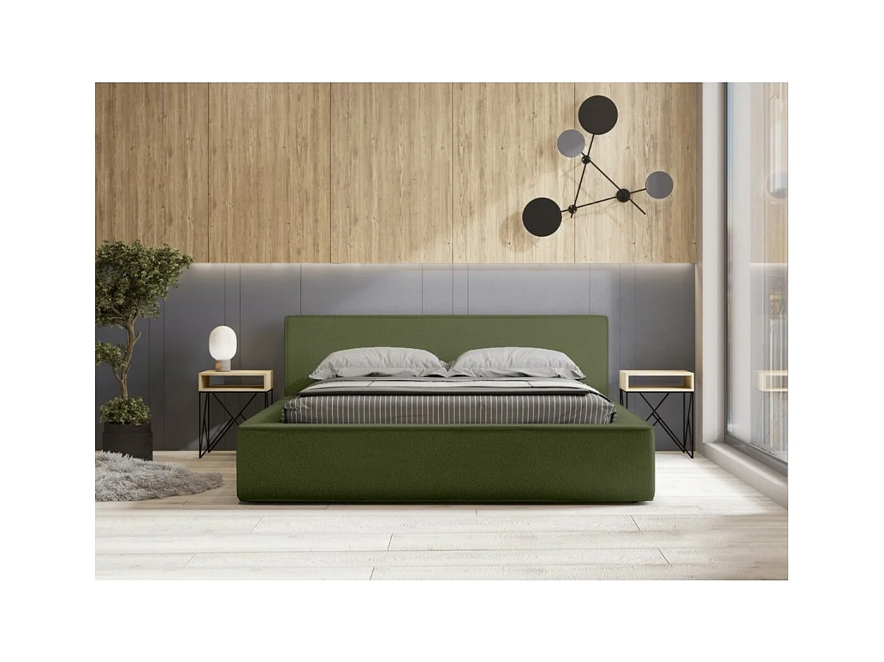 Cama con canapé DENALI – Oliva rizado – 140x200 cm – Tela terciopelo suave – Somier elevable – Almacenamiento integrado