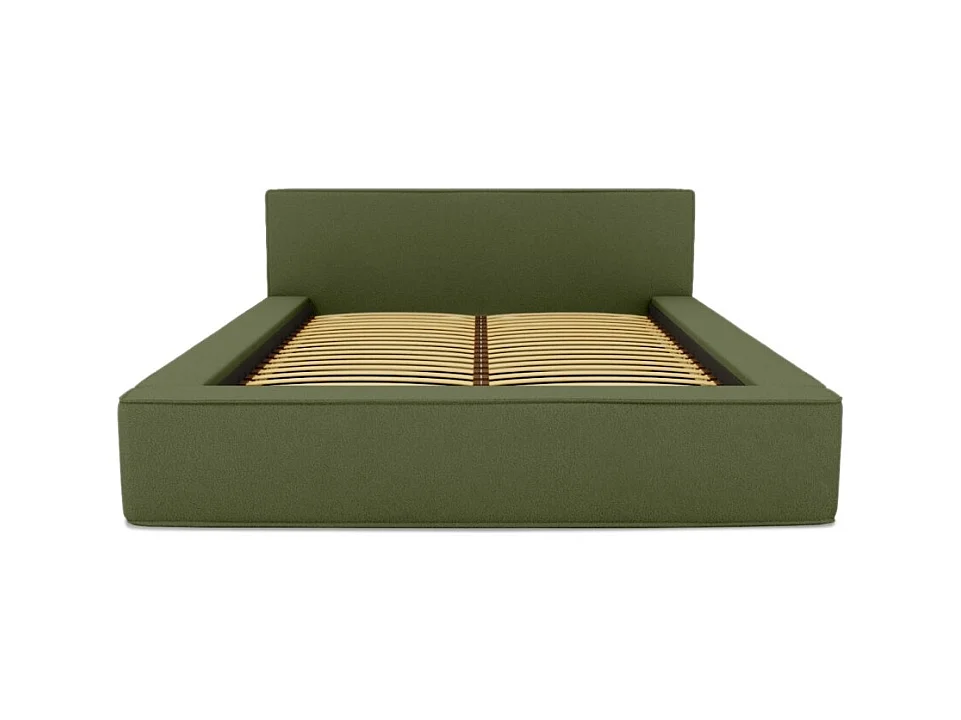 Cama con canapé DENALI – Oliva rizado – 140x200 cm – Tela terciopelo suave – Somier elevable – Almacenamiento integrado