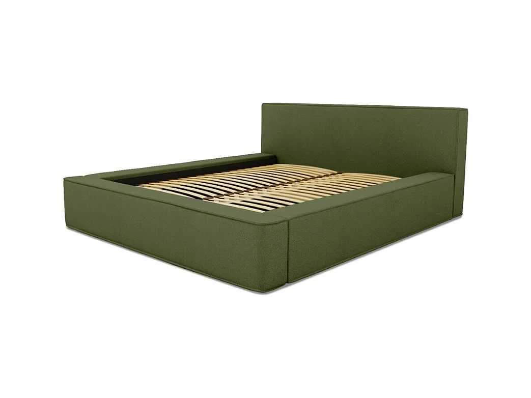 Cama con canapé DENALI – Oliva rizado – 140x200 cm – Tela terciopelo suave – Somier elevable – Almacenamiento integrado