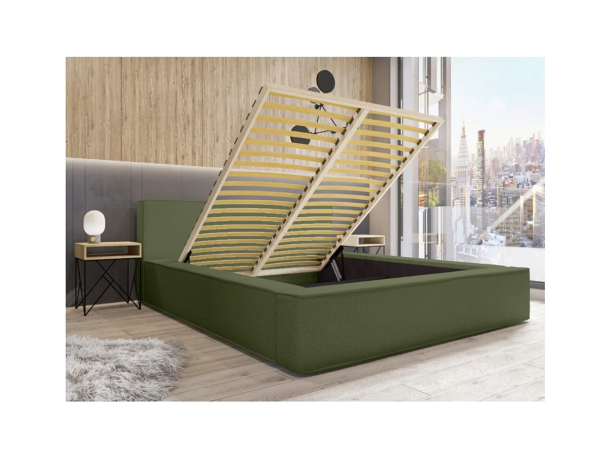 Cama con canapé DENALI – Oliva rizado – 140x200 cm – Tela terciopelo suave – Somier elevable – Almacenamiento integrado