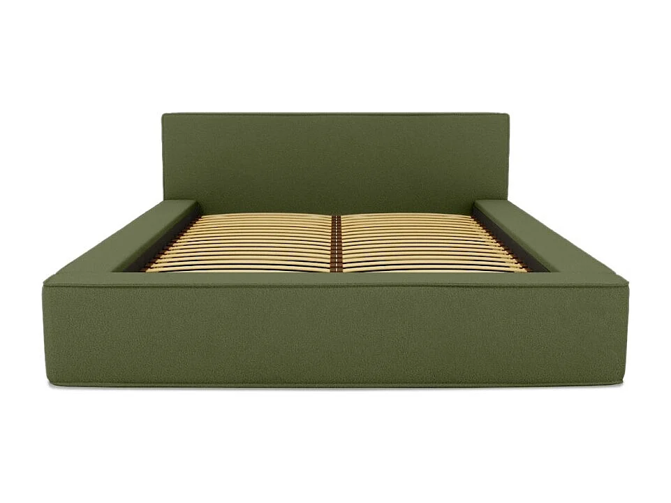 Cama con canapé DENALI – Oliva rizado – 140x200 cm – Tela terciopelo suave – Somier elevable – Almacenamiento integrado