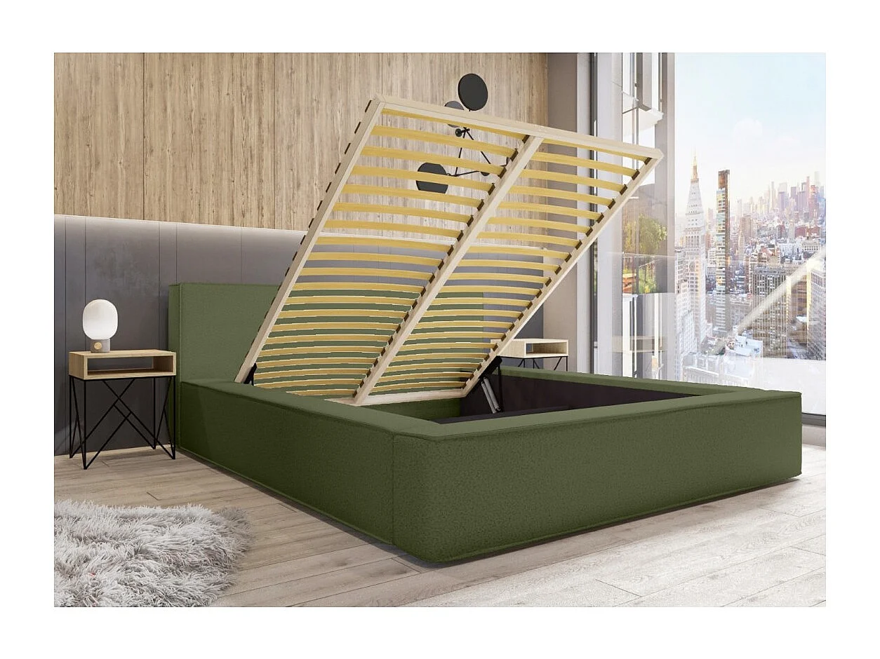 Cama con canapé DENALI – Oliva rizado – 140x200 cm – Tela terciopelo suave – Somier elevable – Almacenamiento integrado