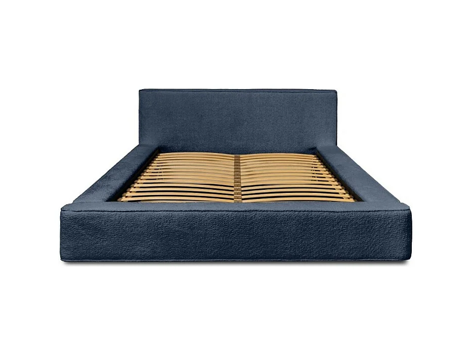 Lit coffre DENALI – Azul acero rizado – 160x200 cm – Tela terciopelo suave – Somier elevable – Almacenamiento integrado