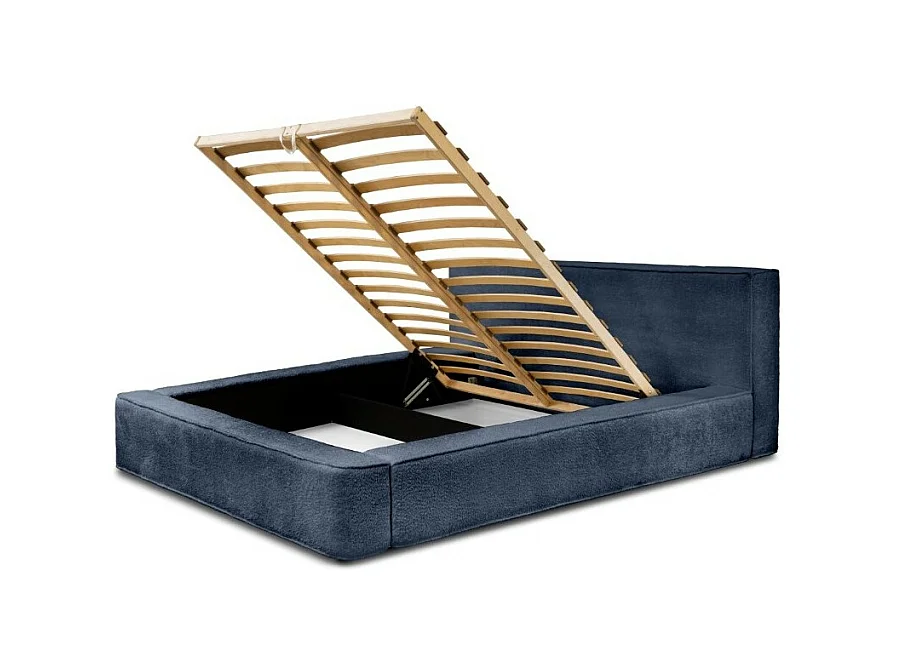 Lit coffre DENALI – Azul acero rizado – 160x200 cm – Tela terciopelo suave – Somier elevable – Almacenamiento integrado