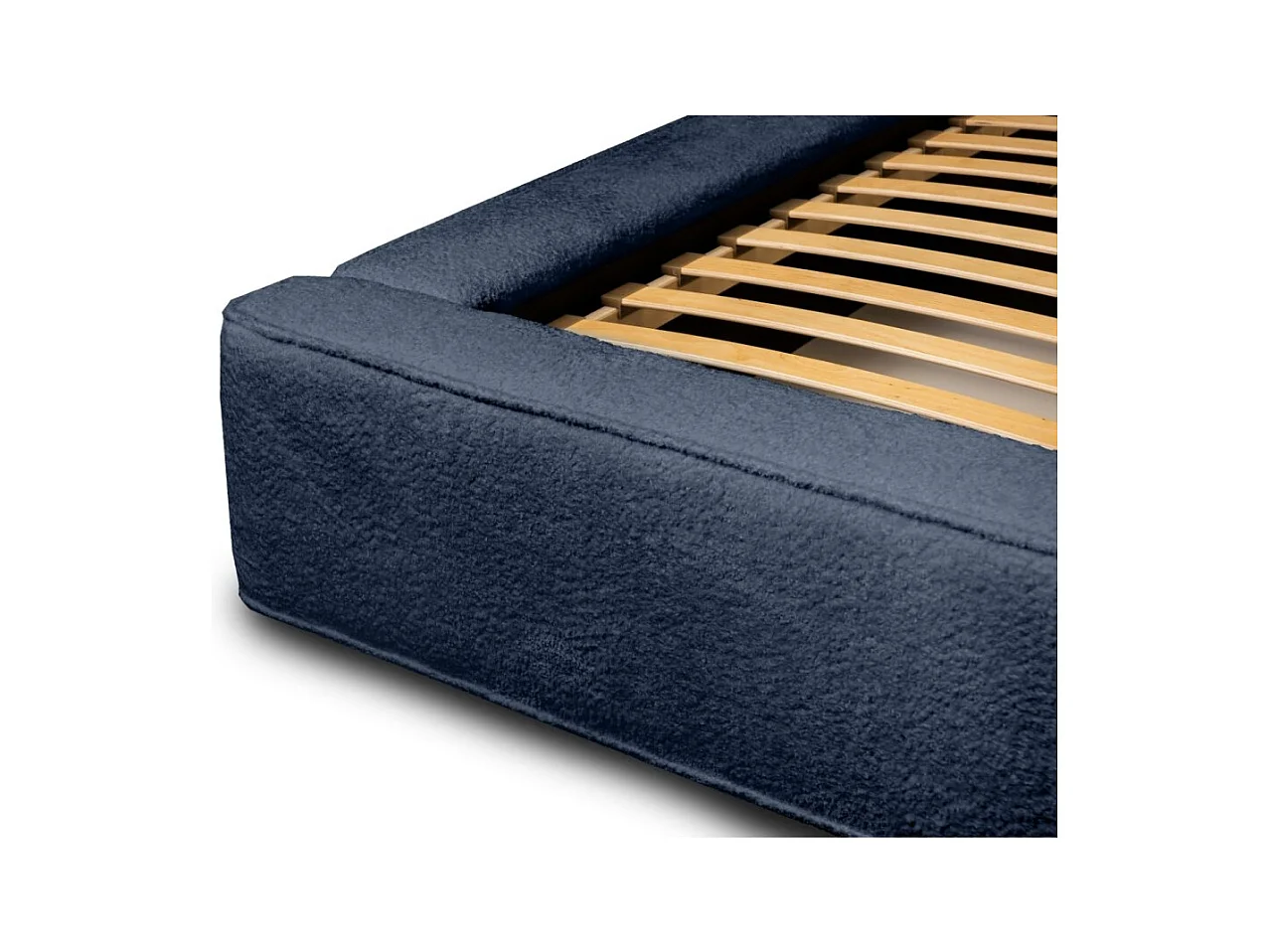 Lit coffre DENALI – Azul acero rizado – 160x200 cm – Tela terciopelo suave – Somier elevable – Almacenamiento integrado