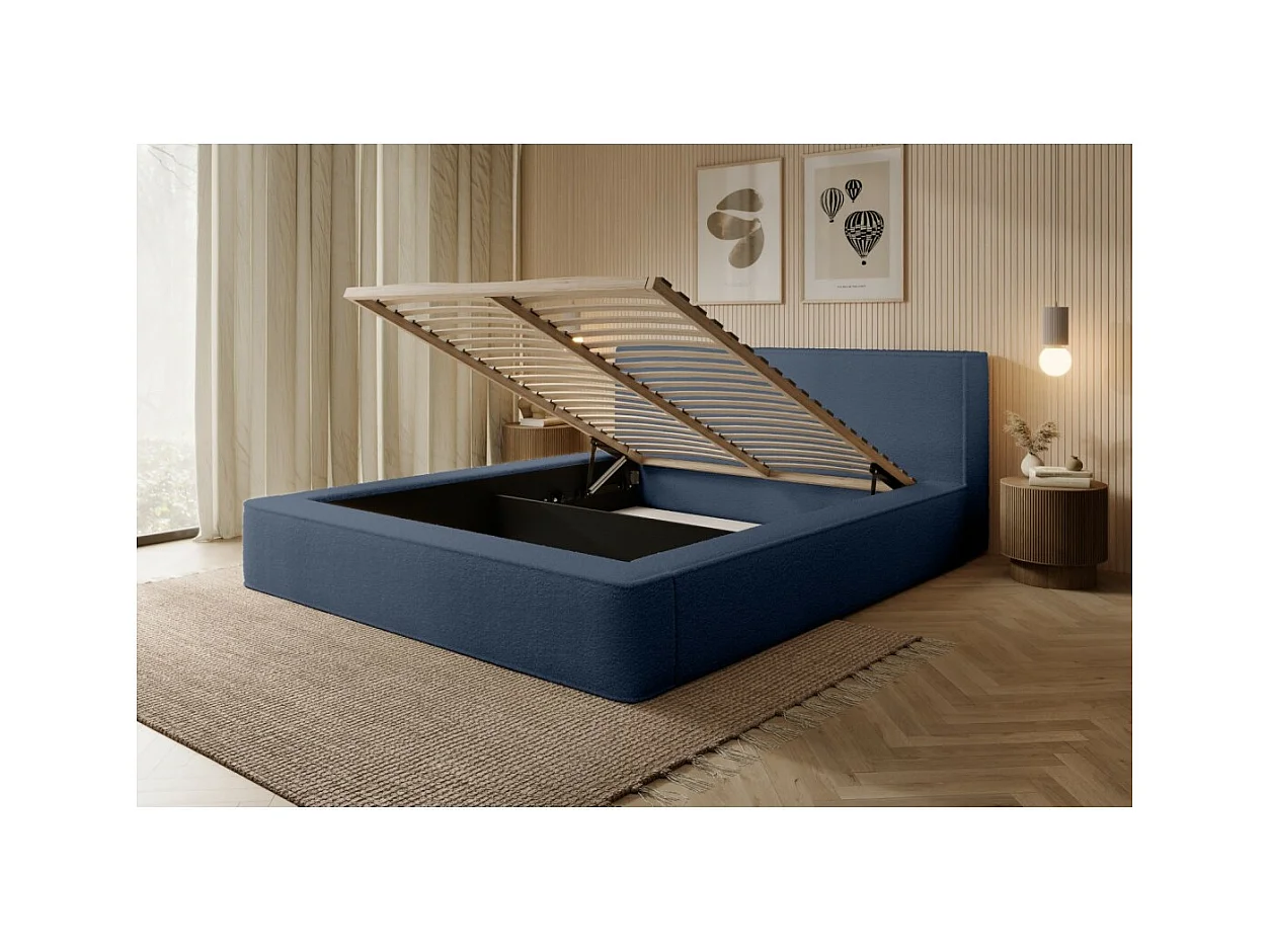 Lit coffre DENALI – Azul acero rizado – 160x200 cm – Tela terciopelo suave – Somier elevable – Almacenamiento integrado