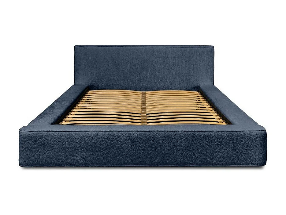 Lit coffre DENALI – Azul aço encaracolado – 160x200 cm – Tecido veludo macio – Estrado elevatório – Armazenamento integrado