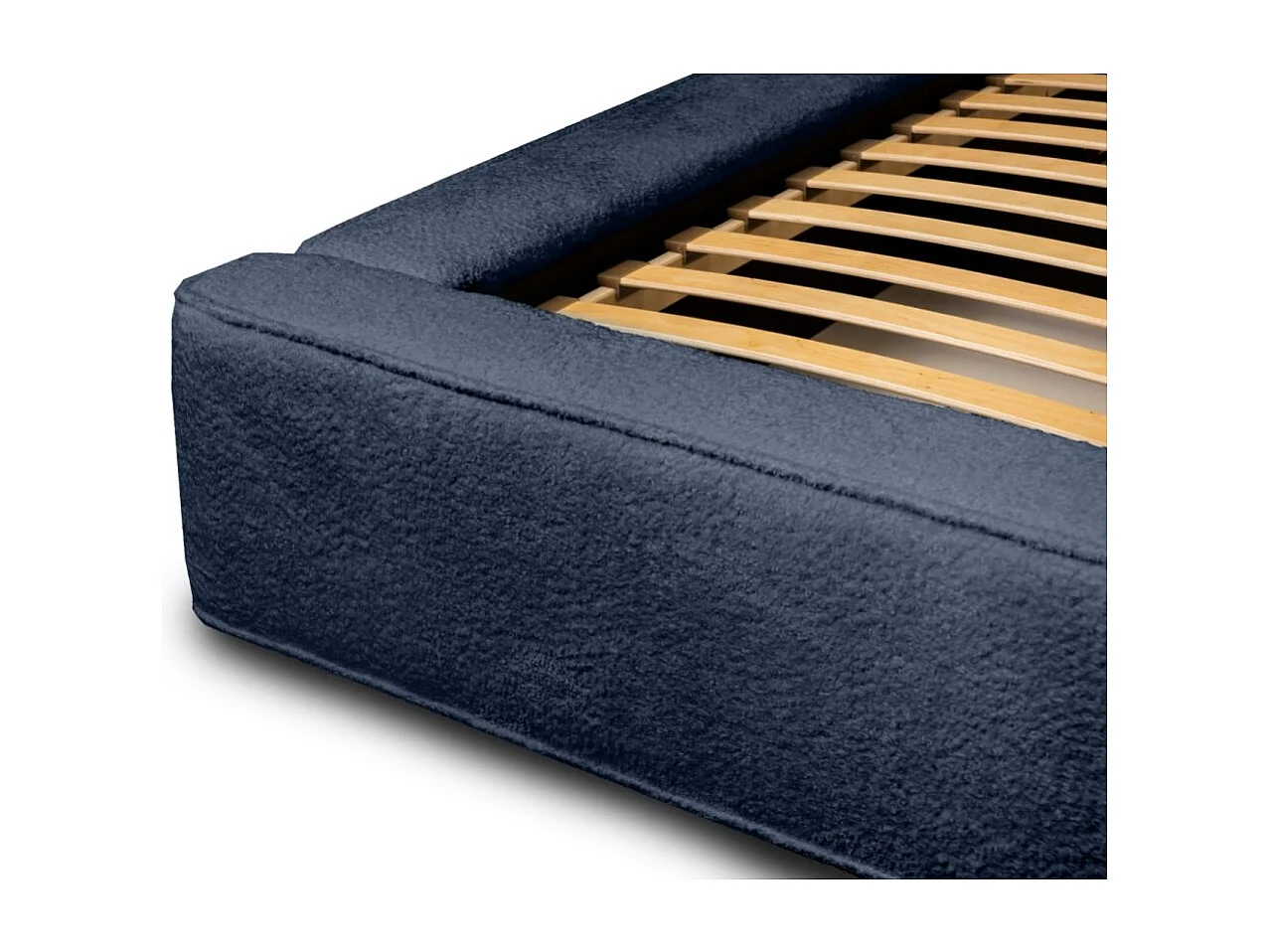 Lit coffre DENALI – Azul aço encaracolado – 160x200 cm – Tecido veludo macio – Estrado elevatório – Armazenamento integrado