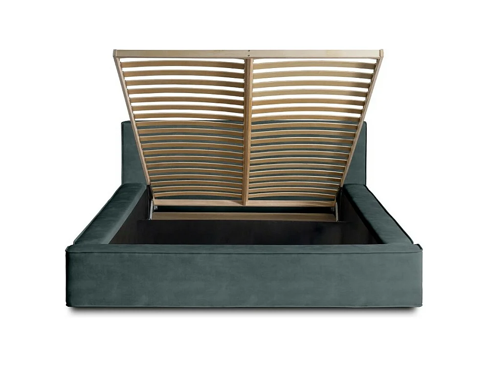 Lit coffre VELORA – Vert émeraude – 140x200 cm – Tissu velours doux – Sommier relevable – Rangement intégré