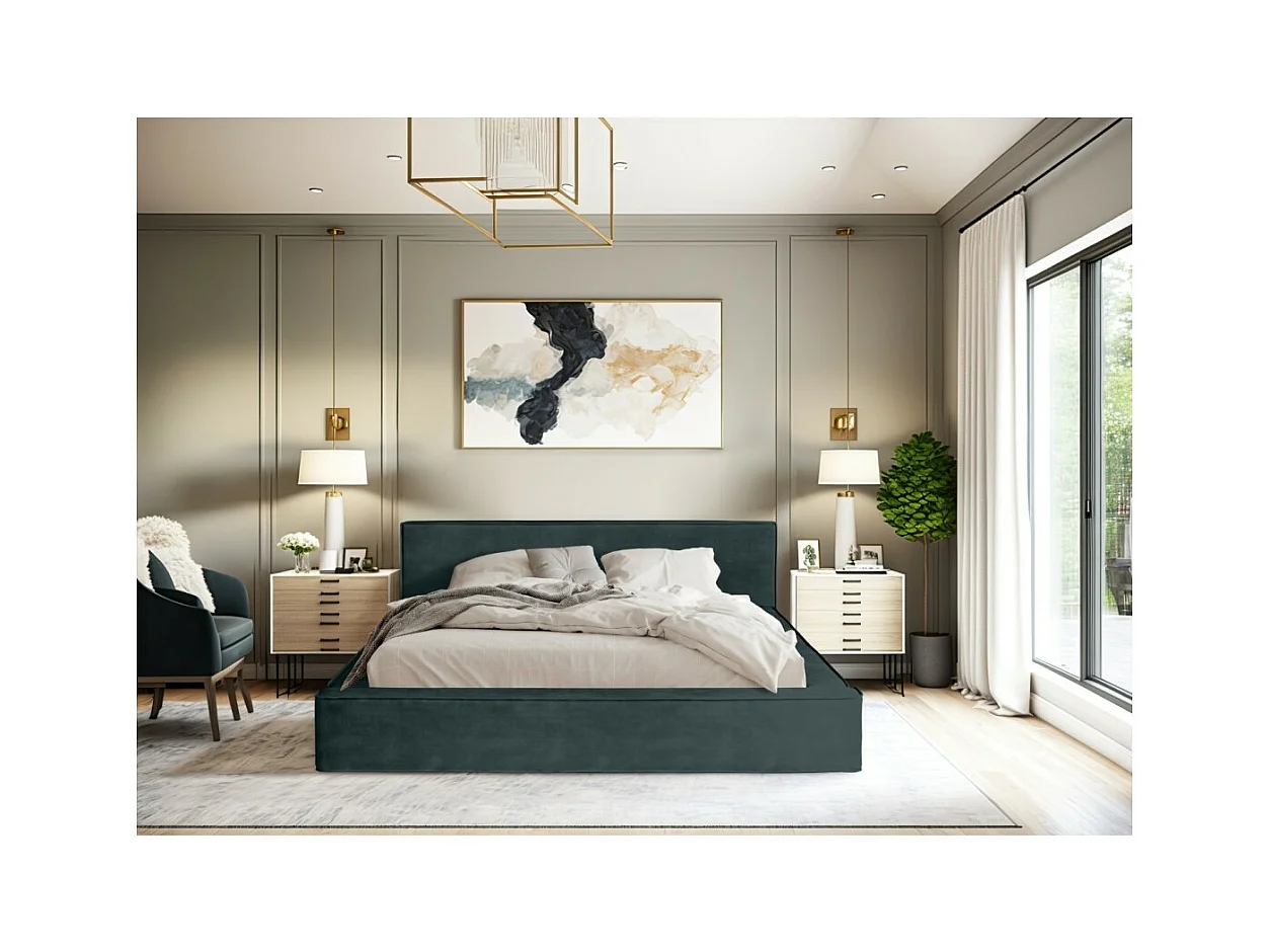 Lit coffre VELORA – Vert émeraude – 140x200 cm – Tissu velours doux – Sommier relevable – Rangement intégré