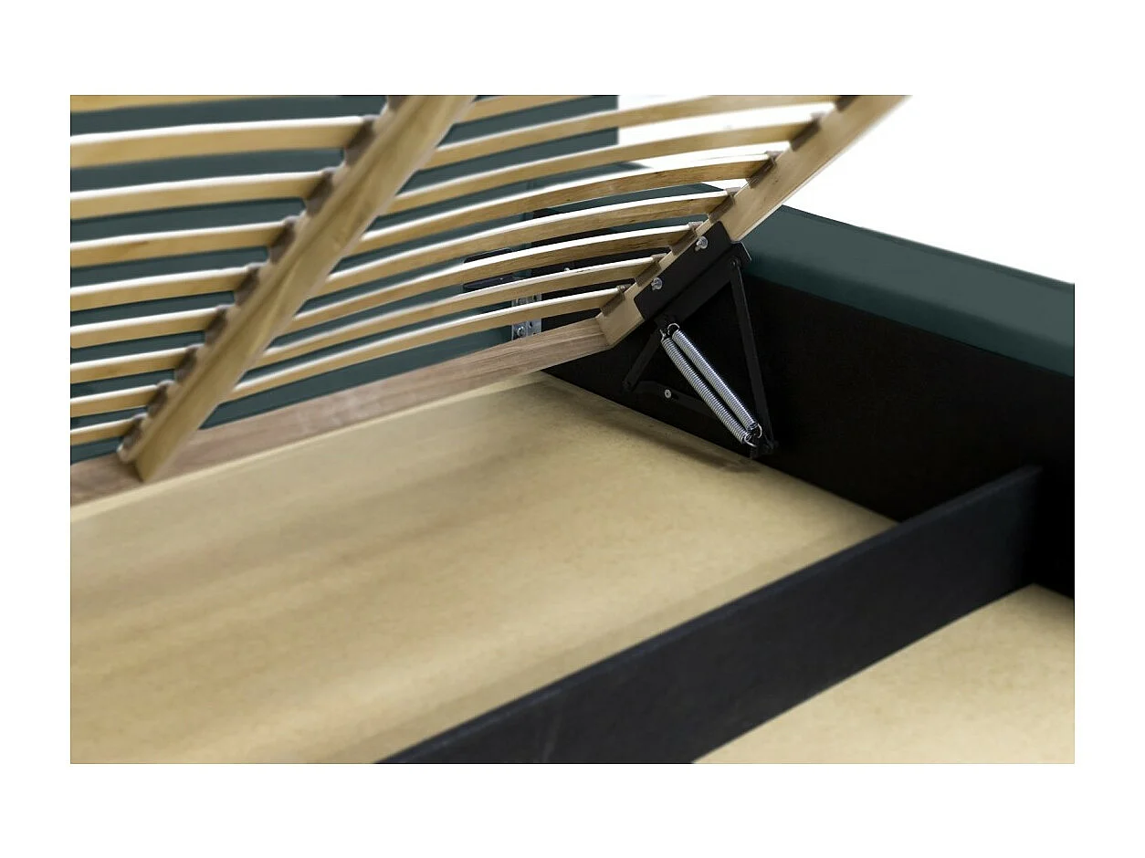 Lit coffre DENALI – Verde esmeralda – 140x200 cm – Tecido de veludo macio – Estrado elevatório – Armazenamento integrado