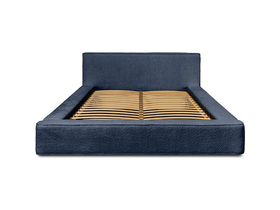 Cama Baú DENALI – Azul Aço Encaracolado – 180x200 cm – Tecido de Veludo Macio – Estrado Elevatório – Armazenamento Integrado