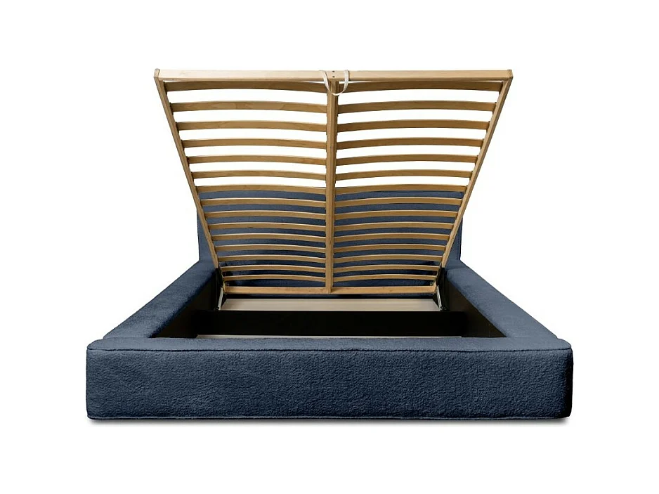 Cama Baú DENALI – Azul Aço Encaracolado – 180x200 cm – Tecido de Veludo Macio – Estrado Elevatório – Armazenamento Integrado