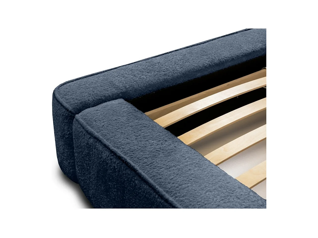 Cama Baú DENALI – Azul Aço Encaracolado – 180x200 cm – Tecido de Veludo Macio – Estrado Elevatório – Armazenamento Integrado