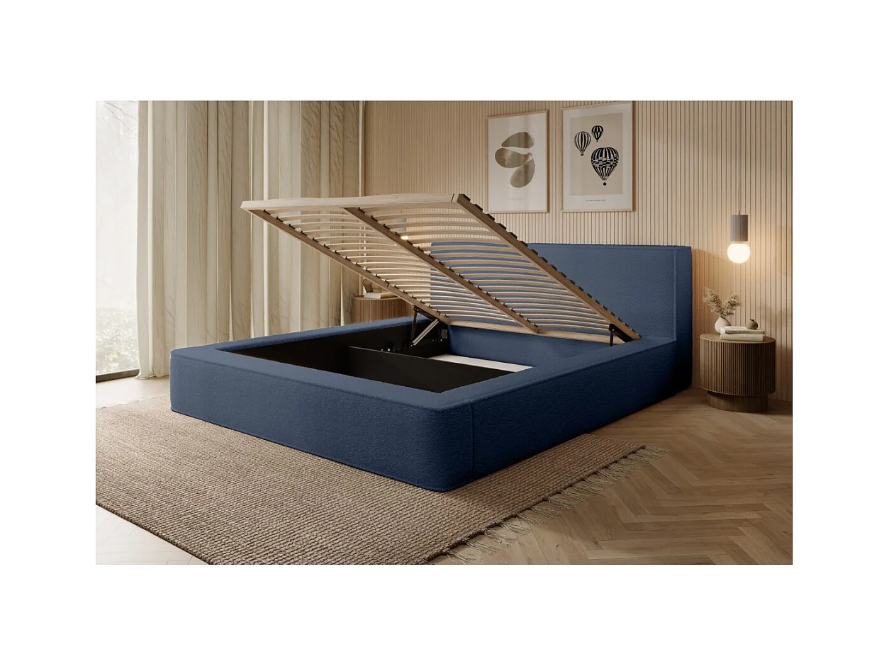 Cama Baú DENALI – Azul Aço Encaracolado – 180x200 cm – Tecido de Veludo Macio – Estrado Elevatório – Armazenamento Integrado