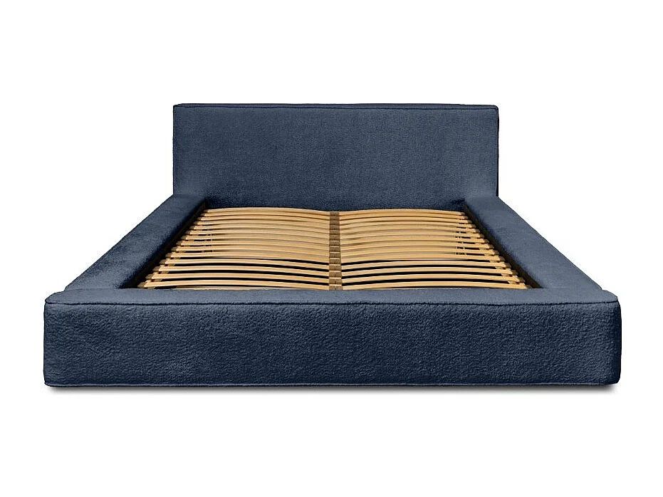 Cama Baú DENALI – Azul Aço Encaracolado – 180x200 cm – Tecido de Veludo Macio – Estrado Elevatório – Armazenamento Integrado