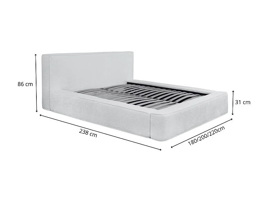 Cama Baú DENALI – Azul Aço Encaracolado – 180x200 cm – Tecido de Veludo Macio – Estrado Elevatório – Armazenamento Integrado