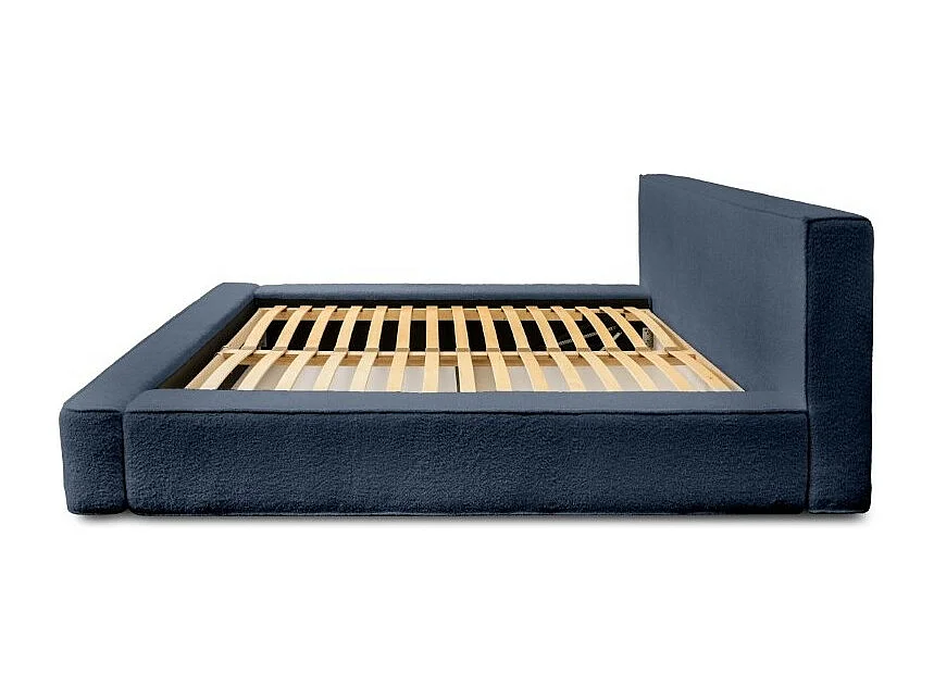 Cama Baú DENALI – Azul Aço Encaracolado – 180x200 cm – Tecido de Veludo Macio – Estrado Elevatório – Armazenamento Integrado