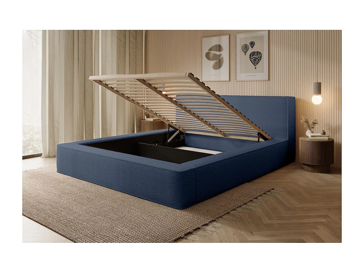 Cama Baú DENALI – Azul Aço Encaracolado – 180x200 cm – Tecido de Veludo Macio – Estrado Elevatório – Armazenamento Integrado