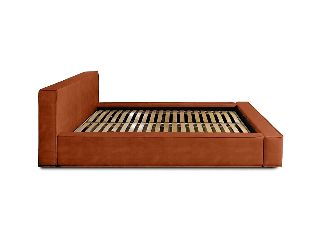 Lit coffre VELORA – Terracotta – 160x200 cm – Tissu velours doux – Sommier relevable – Rangement intégré