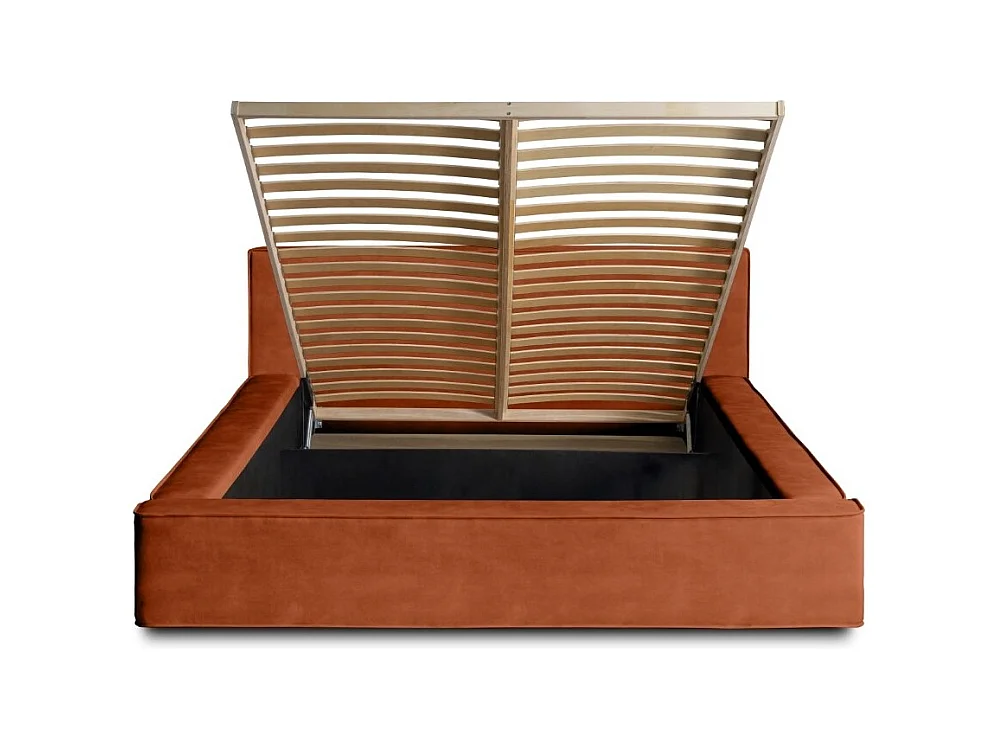 Lit coffre VELORA – Terracotta – 160x200 cm – Tissu velours doux – Sommier relevable – Rangement intégré