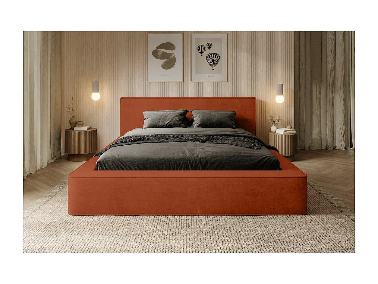 Cama baú DENALI – Terracota – 160x200 cm – Tecido de veludo macio – Estrado elevatório – Armazenamento integrado