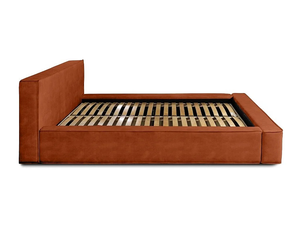 Cama baú DENALI – Terracota – 160x200 cm – Tecido de veludo macio – Estrado elevatório – Armazenamento integrado