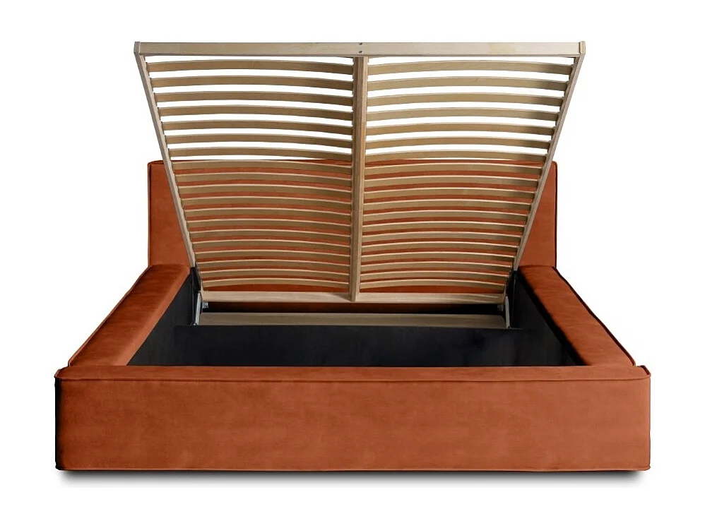 Cama baú DENALI – Terracota – 160x200 cm – Tecido de veludo macio – Estrado elevatório – Armazenamento integrado