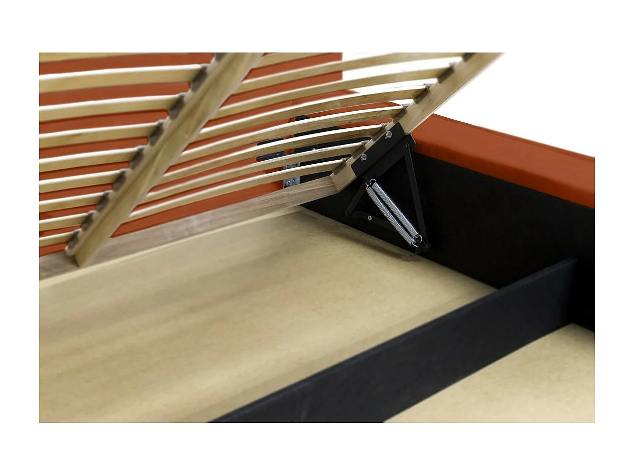 Cama baú DENALI – Terracota – 160x200 cm – Tecido de veludo macio – Estrado elevatório – Armazenamento integrado