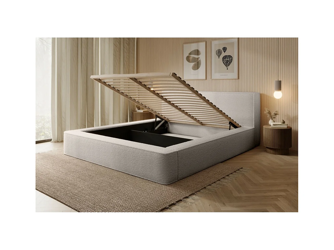 Lit coffre DENALI – Beige polvoriento rizado – 160x200 cm – Tela terciopelo suave – Somier elevable – Almacenamiento integrado