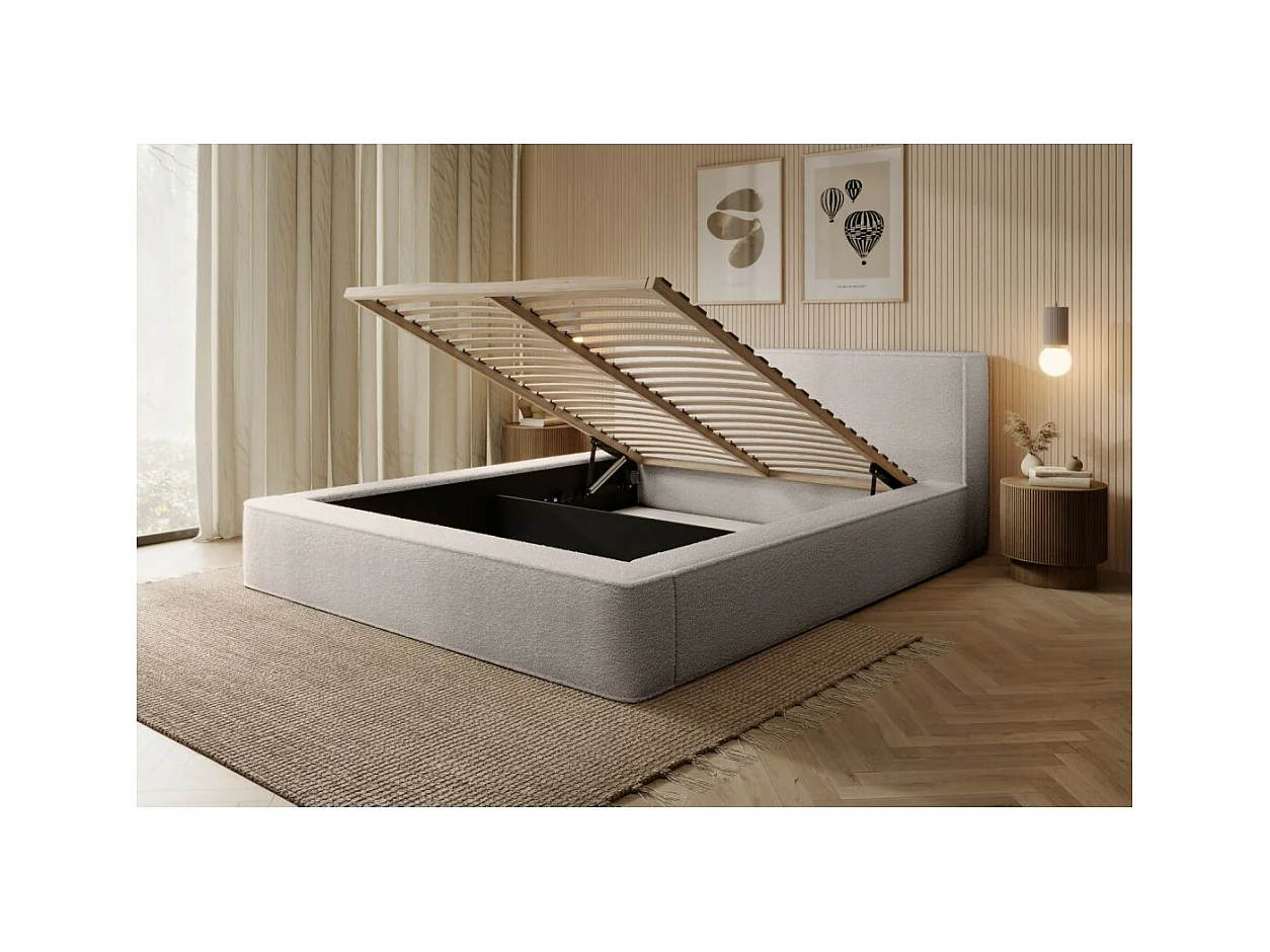 Lit coffre DENALI – Beige polvoriento rizado – 160x200 cm – Tela terciopelo suave – Somier elevable – Almacenamiento integrado