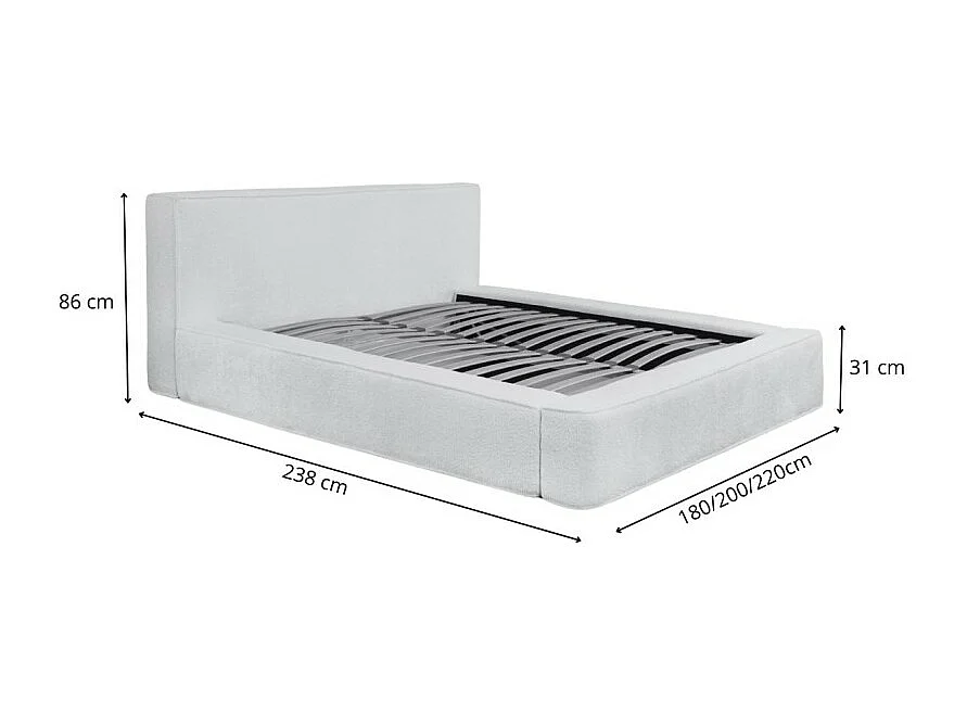 Lit coffre DENALI – Bege em pó encaracolado – 160x200 cm – Tecido de veludo macio – Estrado elevatório – Armazenamento integrado