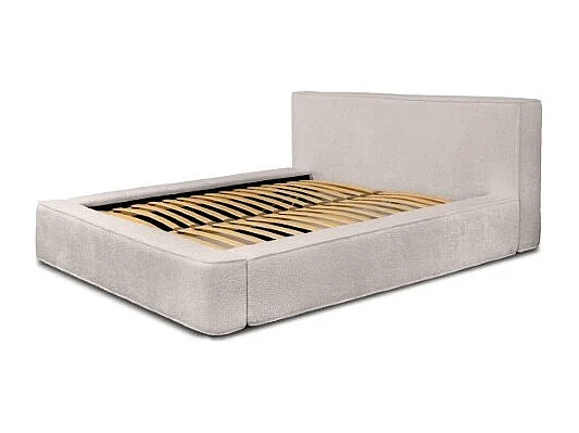 Lit coffre DENALI – Bege em pó encaracolado – 160x200 cm – Tecido de veludo macio – Estrado elevatório – Armazenamento integrado