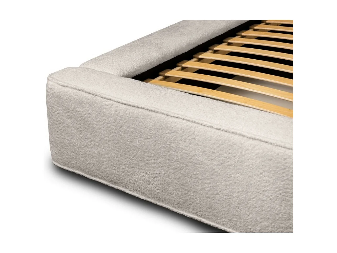 Lit coffre DENALI – Bege em pó encaracolado – 160x200 cm – Tecido de veludo macio – Estrado elevatório – Armazenamento integrado