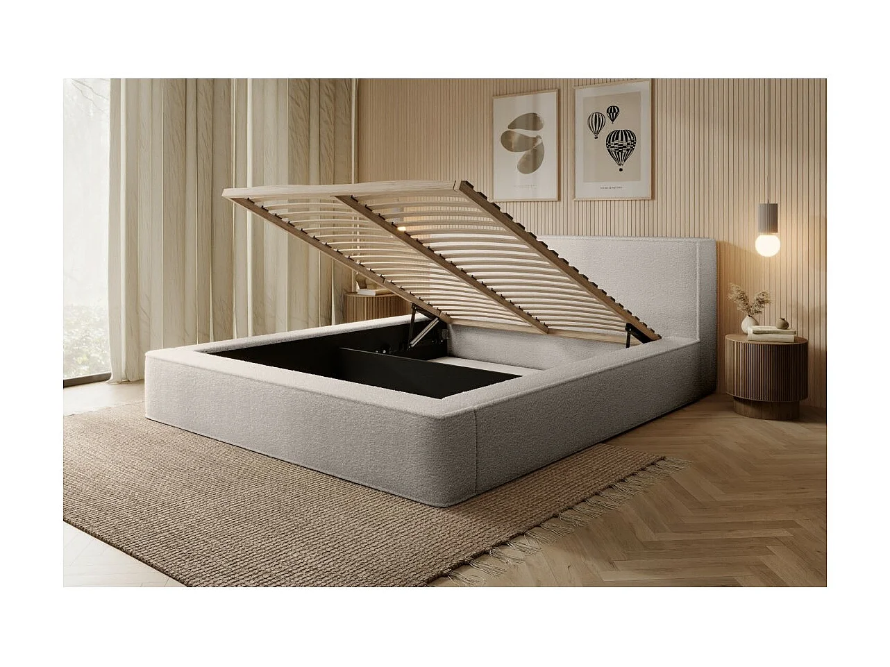 Lit coffre DENALI – Bege em pó encaracolado – 160x200 cm – Tecido de veludo macio – Estrado elevatório – Armazenamento integrado