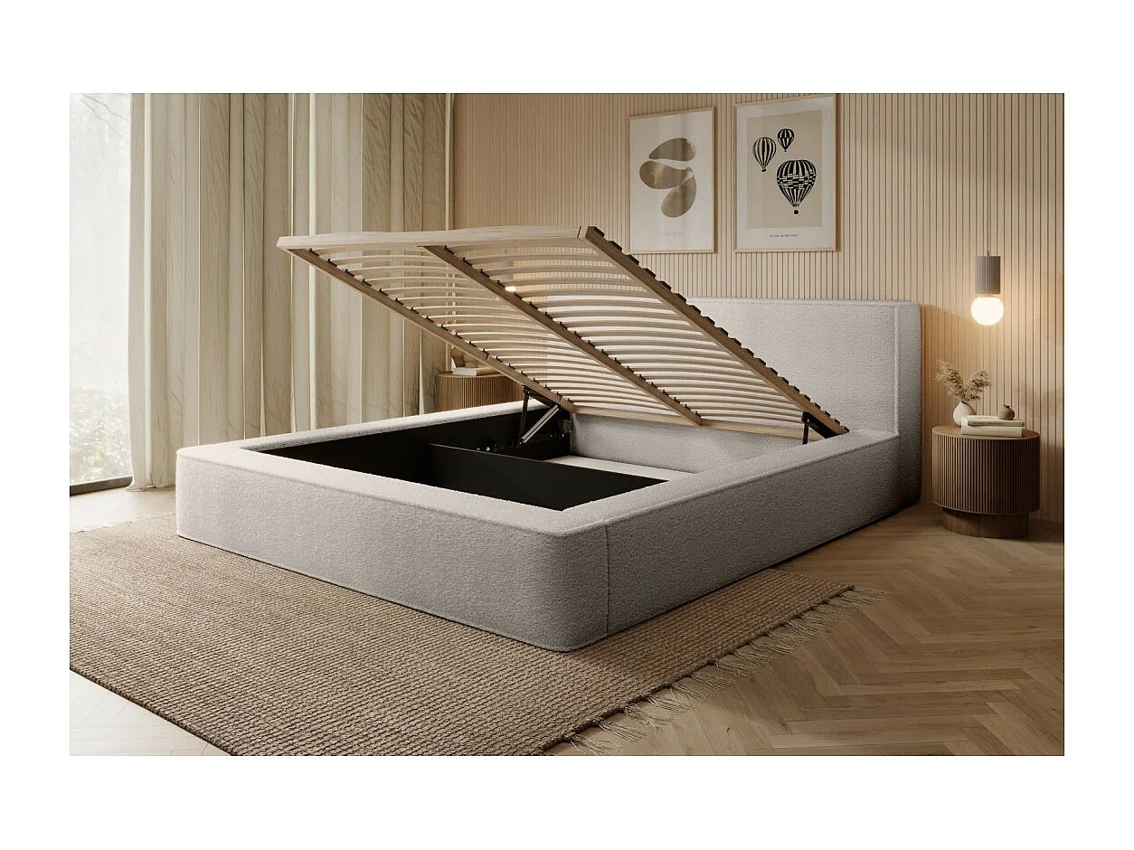 Lit coffre DENALI – Bege em pó encaracolado – 160x200 cm – Tecido de veludo macio – Estrado elevatório – Armazenamento integrado