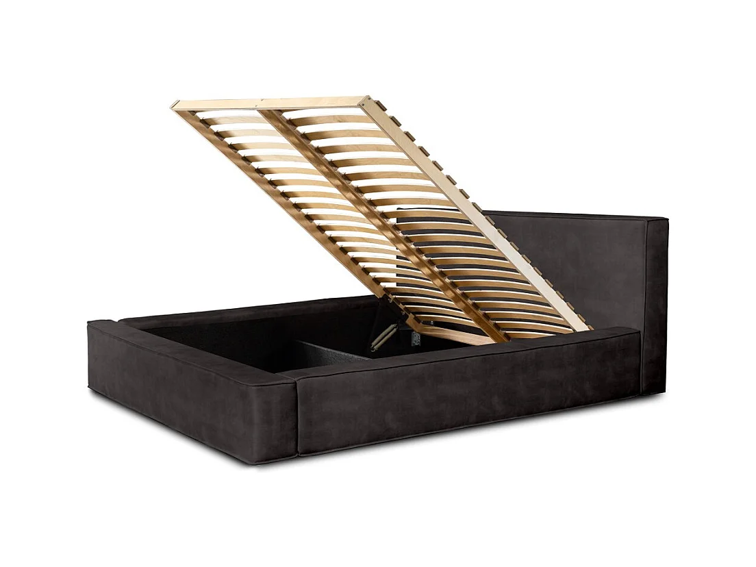 Lit coffre VELORA – Gris anthracite – 160x200 cm – Tissu velours doux – Sommier relevable – Rangement intégré