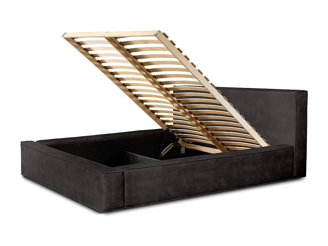 Lit coffre DENALI – Cinza antracite – 160x200 cm – Tecido de veludo macio – Estrado elevatório – Armazenamento integrado