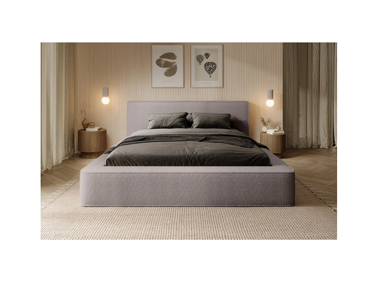 Lit coffre DENALI – Taupe rosé bouclé – 180x200 cm – Tecido de veludo macio – Estrado elevatório – Armazenamento integrado