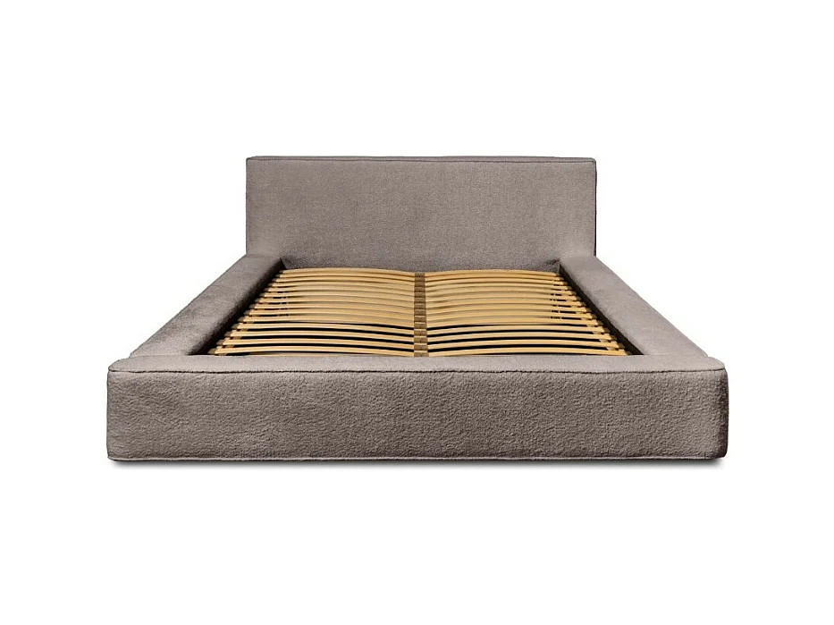 Lit coffre DENALI – Taupe rosé bouclé – 180x200 cm – Tecido de veludo macio – Estrado elevatório – Armazenamento integrado