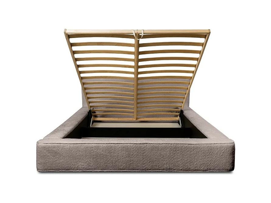 Lit coffre DENALI – Taupe rosé bouclé – 180x200 cm – Tecido de veludo macio – Estrado elevatório – Armazenamento integrado